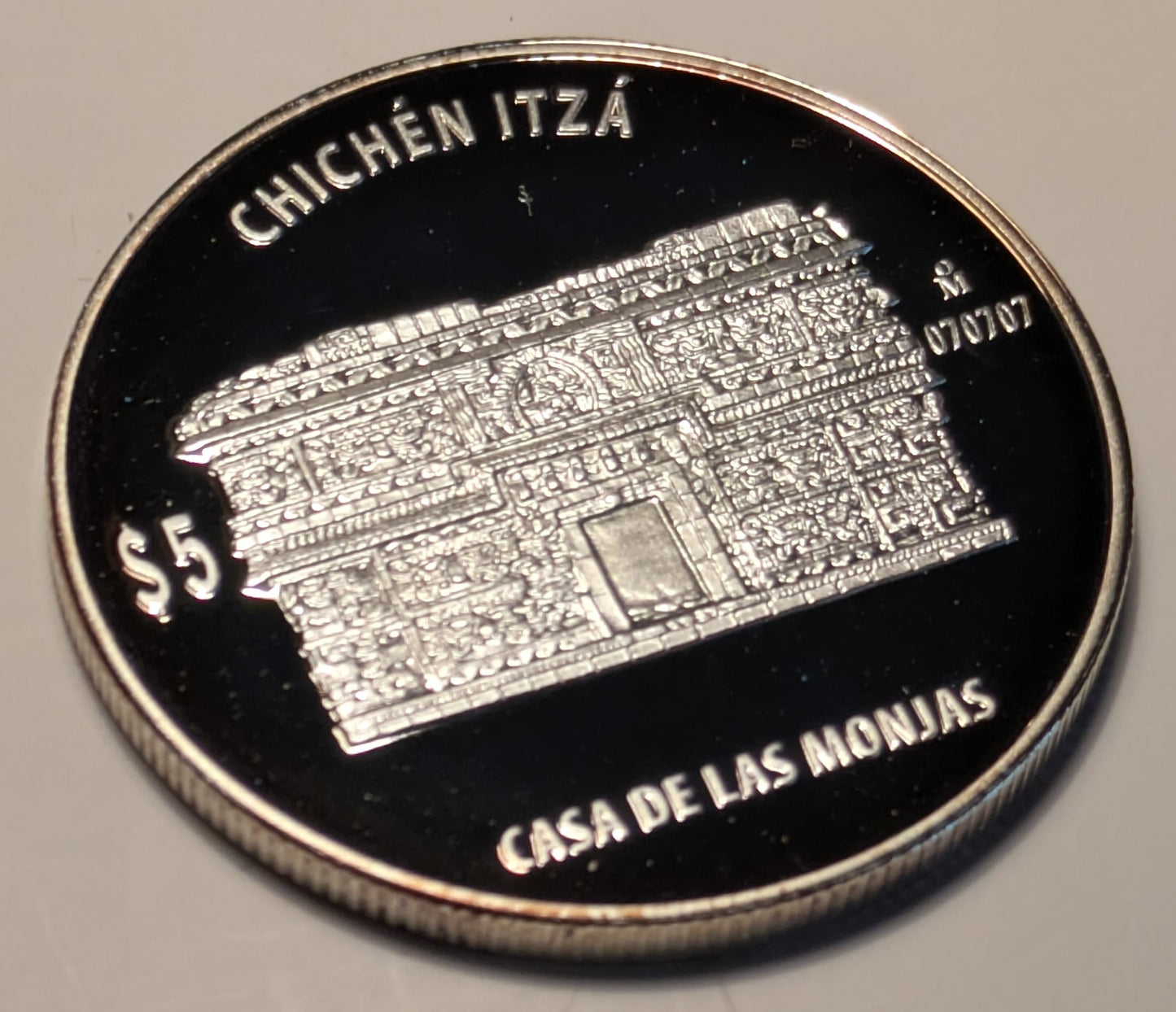 MEXICO, Mexico ~ Chichén Itzá Serie ~ Casa De Las Monjas (The Nunnery) ~ 5 Pesos ~ Non-Circulating ~ Proof ~ Seven Wonders of the World commemorative ~ KM-945