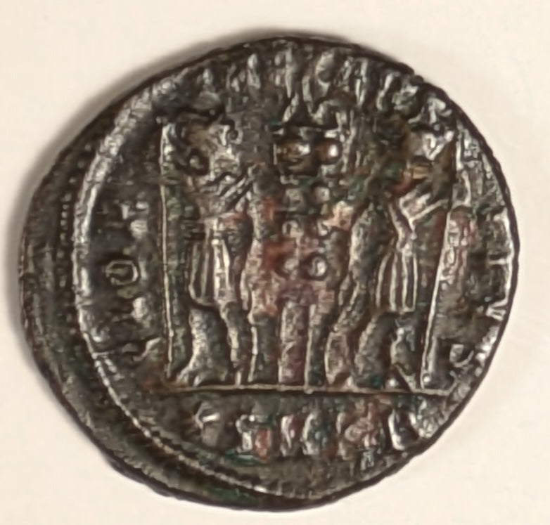 ROME, Constantine II ~ 337-340 ~ Æ4 (2.49g) of Cyzicus ~ Bust right ~ 2 soldiers stg., either side of 1 standard, SMKA in ex, glor iaexer citvs around ~ RIC-27. LRBC-1275 ~ Nice glossy VF