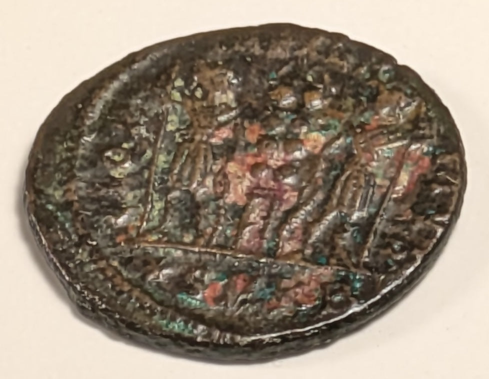 ROME, Constantine II ~ 337-340 ~ Æ4 (2.49g) of Cyzicus ~ Bust right ~ 2 soldiers stg., either side of 1 standard, SMKA in ex, glor iaexer citvs around ~ RIC-27. LRBC-1275 ~ Nice glossy VF