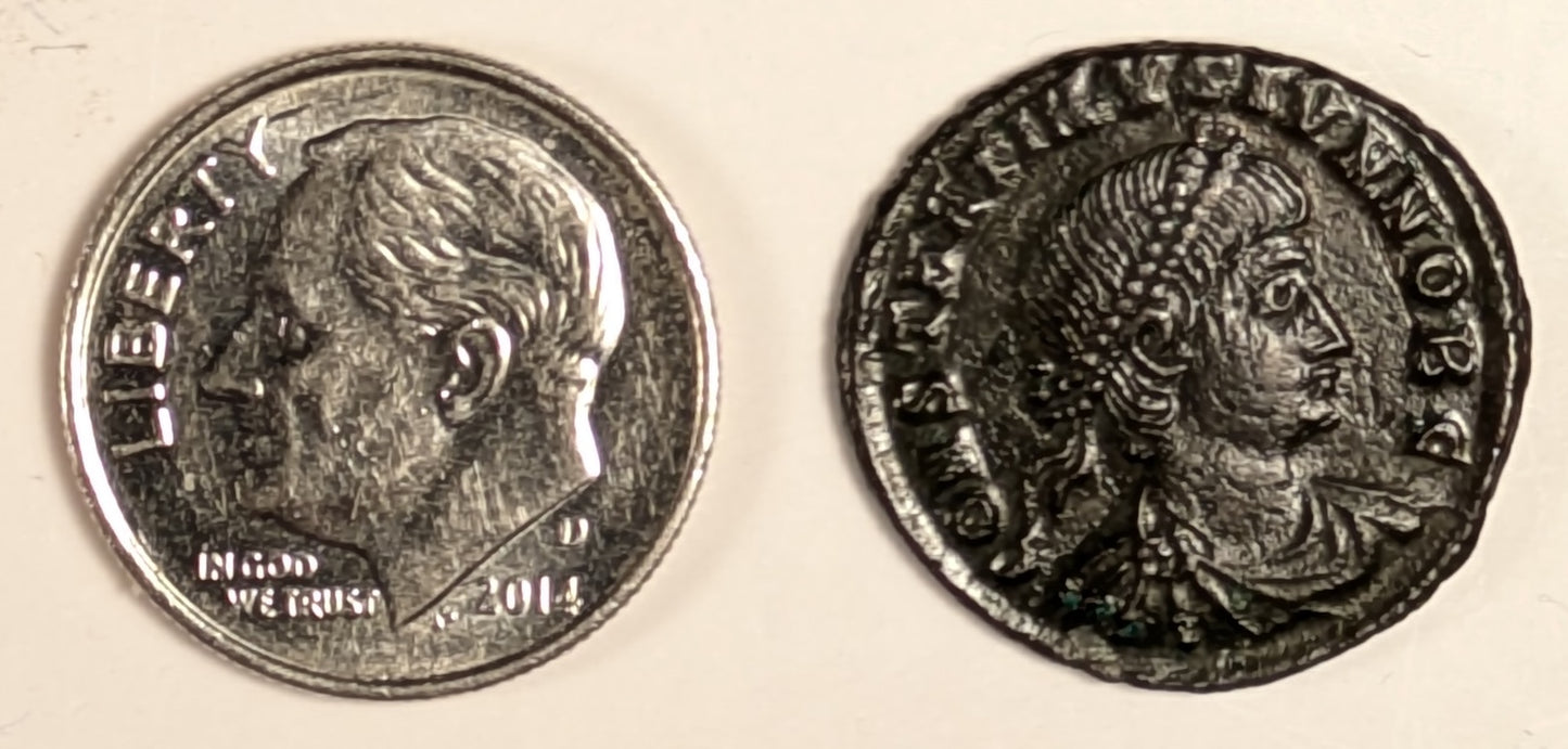 ROME, Constantine II ~ 337-340 ~ Æ4 (2.49g) of Cyzicus ~ Bust right ~ 2 soldiers stg., either side of 1 standard, SMKA in ex, glor iaexer citvs around ~ RIC-27. LRBC-1275 ~ Nice glossy VF
