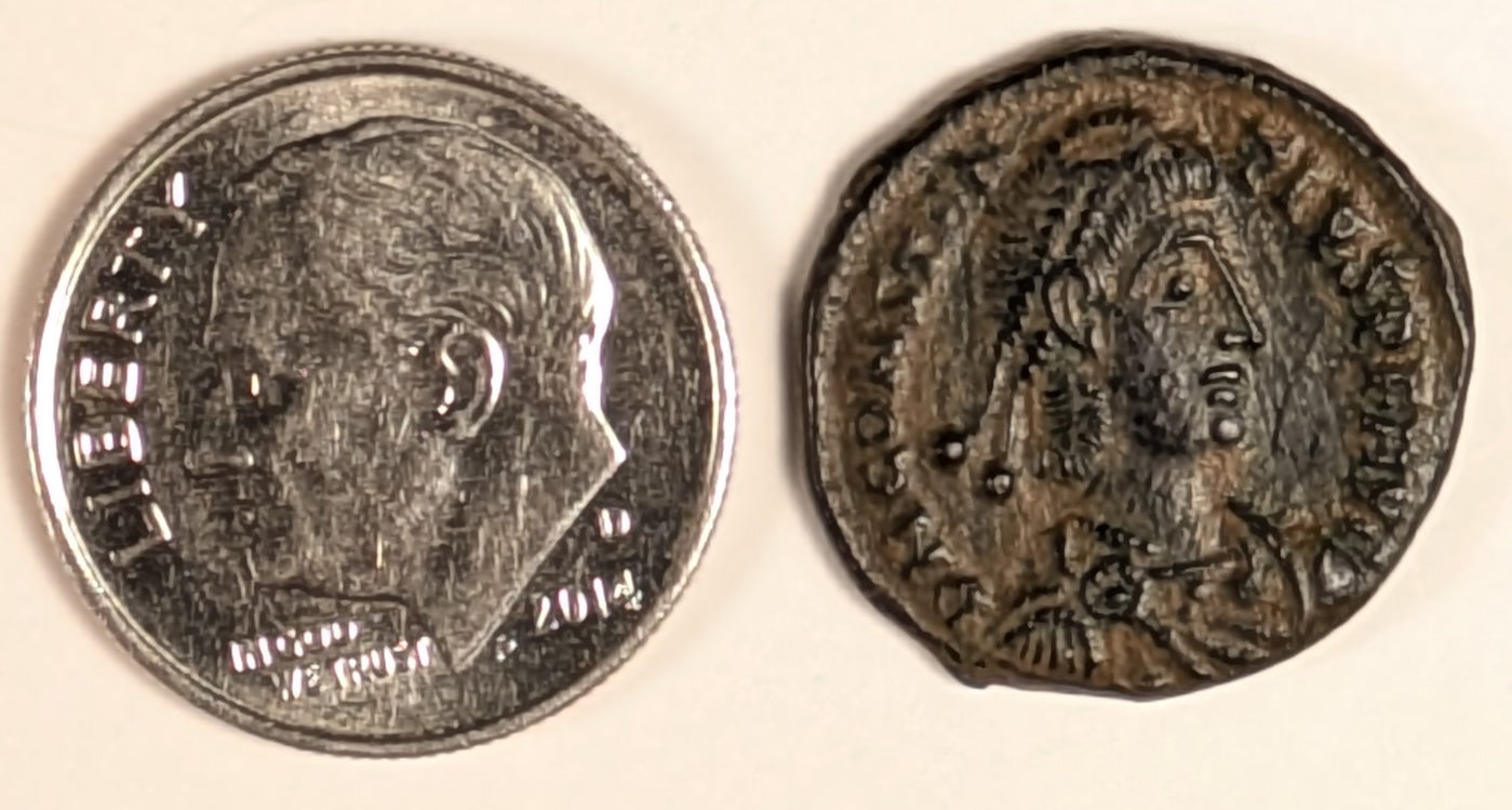 ROME, Constantius II ~ 337-361 ~ Æ 1/2 Centenionalis (2.46g) Cyzicus ~ Bust right,dn constanivs pf avg ~ Soldier adv. left, spearing fallen horseman, SMKΕ in ex, fel temp reparatio ~ RIC-VIII, 104 ~ VF
