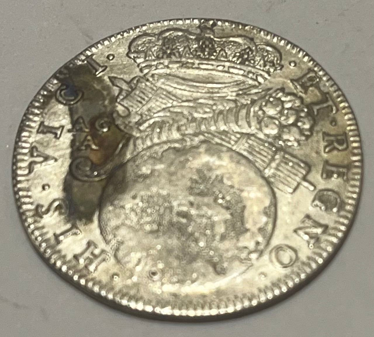 ITALY, Naples, Charles II of Spain ~ 1685 ~ Silver Tari (5.47g) ~ Crowned shield ~ Globe with raised date, crown above crossed fasces and cornucopia ~ KM-104 ~ VF, light adj. marks