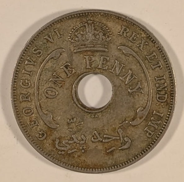 BRITISH WEST AFRICA, George VI ~ 1946-SA ~ Penny ~ Struck at the South African mint in Pretoria. This is the rarest of all regular BWA pennies ~ Y-24, KM-19 ~ Toned VF