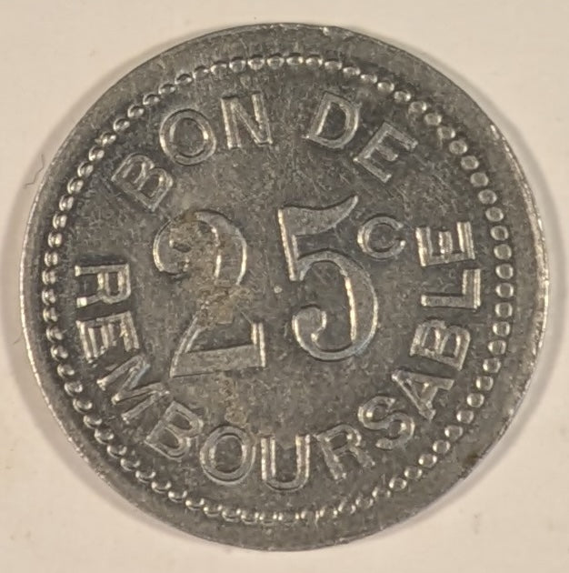 COMOROS, SOCIETE ANONYME DE LA ~ GRANDE COMORE ND (1915) ~ 25 Centimes Aluminum token ~ SOCIETE ANONYME DE LA GRANDE COMORE ~ BON DE REMBOURSABLE 25¢ ~ Lec-21, Gad-4, KN-Tn-1 ~ EF, some porosity