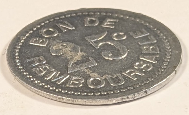 COMOROS, SOCIETE ANONYME DE LA ~ GRANDE COMORE ND (1915) ~ 25 Centimes Aluminum token ~ SOCIETE ANONYME DE LA GRANDE COMORE ~ BON DE REMBOURSABLE 25¢ ~ Lec-21, Gad-4, KN-Tn-1 ~ EF, some porosity