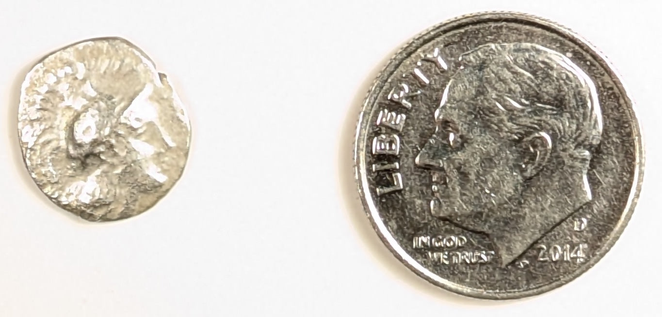 CALABRIA, Tarentum ~ 302-228 BC ~ Silver Diobol (.75g) (or Obol) ~ Head of Athena right, wearing crested helmet ~ Hercules standing right, strangling Nemean Lion. ~ As Vlasto-1316 ~ F, some oxidation