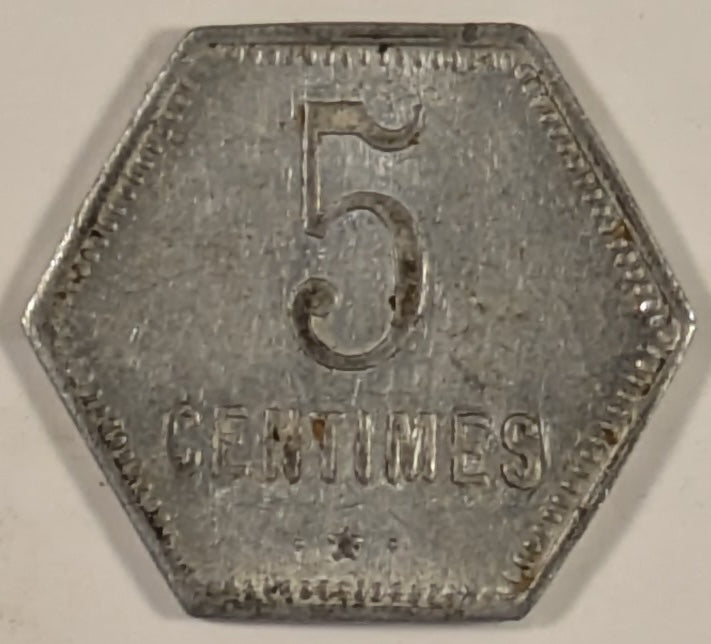 REUNION, French Overseas Department ~ 1920 ~ 5 Centimes Bank Token ~ Aluminum Hexagon 18mm ~ Demonitized 1941 ~ Y-3, KM-Tn-1, Lec-47 ~ EF