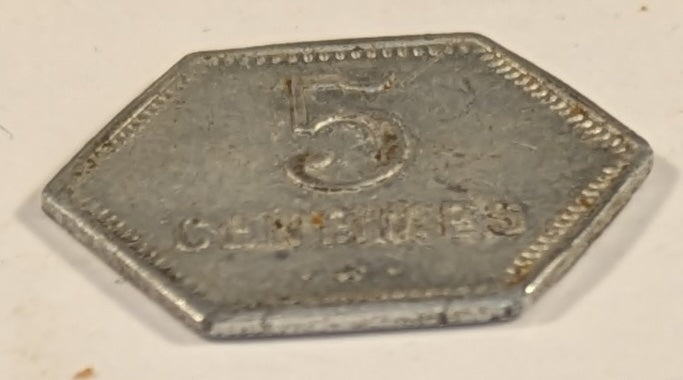 REUNION, French Overseas Department ~ 1920 ~ 5 Centimes Bank Token ~ Aluminum Hexagon 18mm ~ Demonitized 1941 ~ Y-3, KM-Tn-1, Lec-47 ~ EF