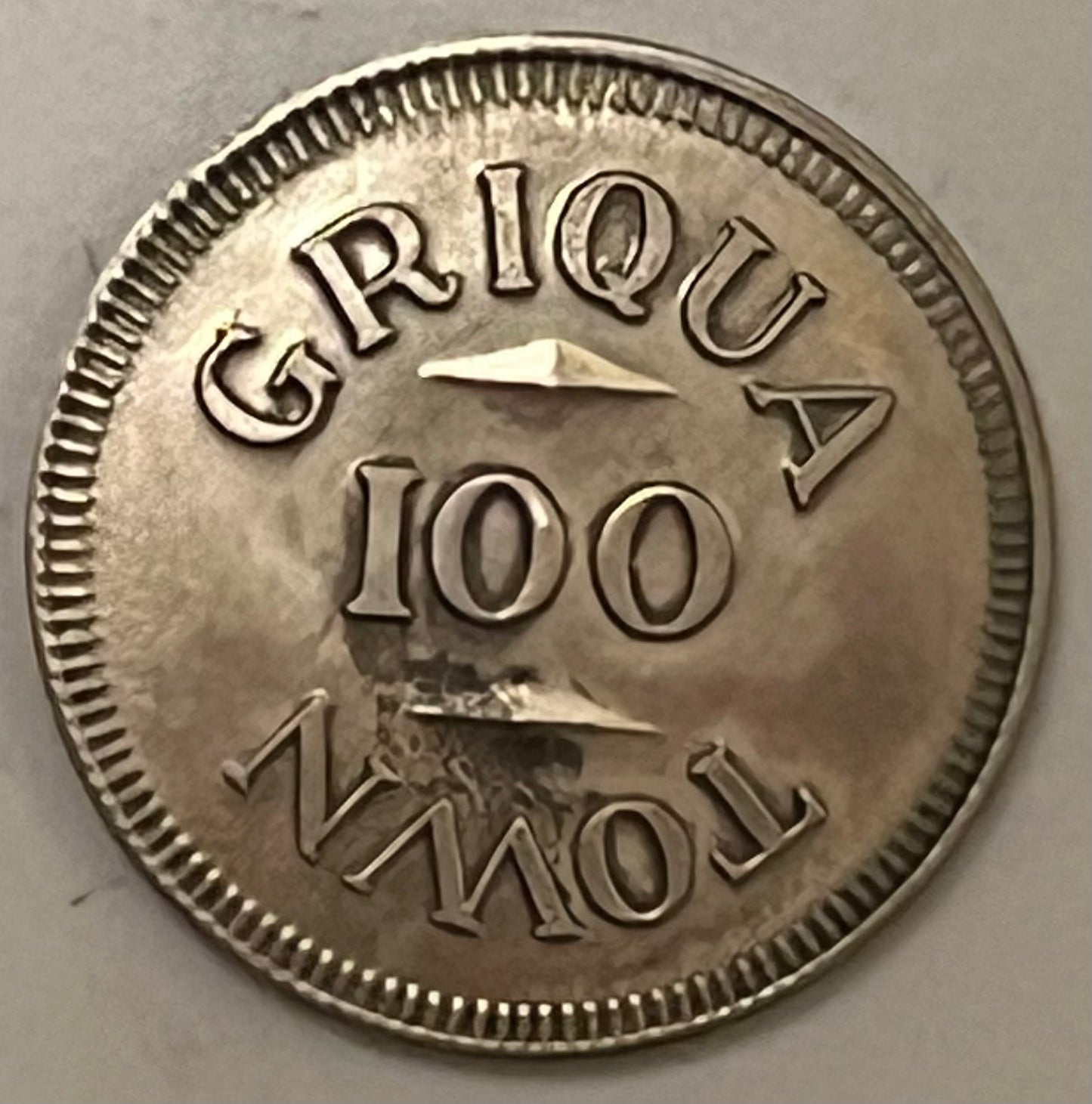 SOUTH AFRICA, Griquatown ~ ND (1970s?) ~ Silver 100 Pence ~ Fantasy Missionary issue ~ GRIQUA above 100, TOWN below ~ Dove with olive branch ~ 6.42g ~ Bruce-X1 ~ Toned Unc