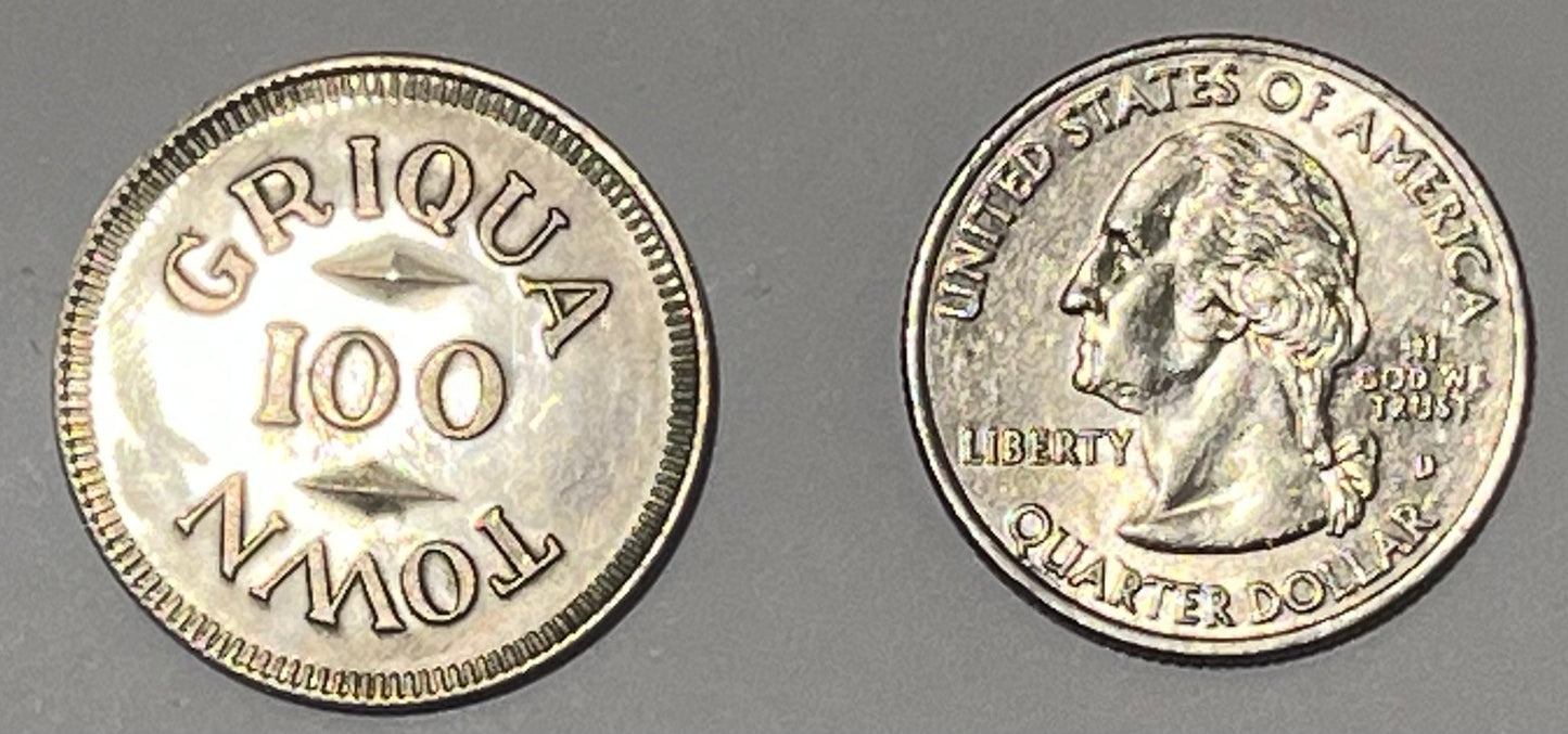 SOUTH AFRICA, Griquatown ~ ND (1970s?) ~ Silver 100 Pence ~ Fantasy Missionary issue ~ GRIQUA above 100, TOWN below ~ Dove with olive branch ~ 6.42g ~ Bruce-X1 ~ Toned Unc