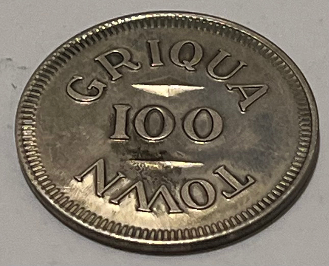 SOUTH AFRICA, Griquatown ~ ND (1970s?) ~ Silver 100 Pence ~ Fantasy Missionary issue ~ GRIQUA above 100, TOWN below ~ Dove with olive branch ~ 6.42g ~ Bruce-X1 ~ Toned Unc