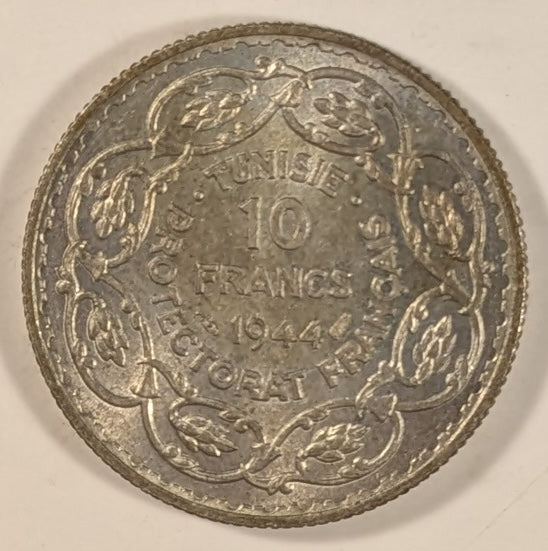 TUNISIA, French Protectorate with Muh’d ~ al-Amin Bey. 1364/1944 ~ 10 Francs ~ Rare two year type ~ Y-55a, KM-269, Lec-341 ~ Ch. BU, lightly toned