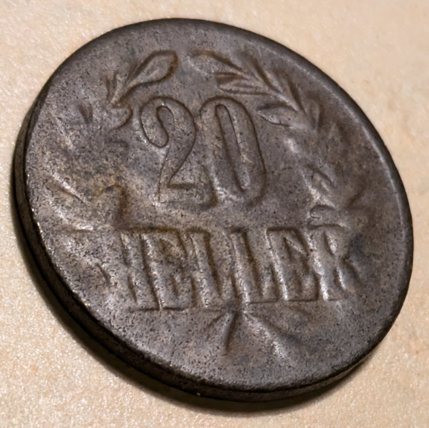 GERMAN EAST AFRICA, German East Africa Company ~ 1916-T ~ Bronze 20 Heller of Tabora ~ Crown with ribbon. Obverse Type A. Large Crown ~ Denomination in wreath. Reverse Type B, pointed tip on both L's. Scarce type ~ Y-10, KM-15 ~ VF