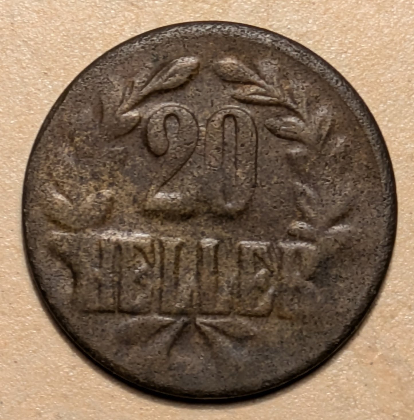 GERMAN EAST AFRICA, German East Africa Company ~ 1916-T ~ Bronze 20 Heller of Tabora ~ Crown with ribbon. Obverse Type A. Large Crown ~ Denomination in wreath. Reverse Type B, pointed tip on both L's. Scarce type ~ Y-10, KM-15 ~ VF
