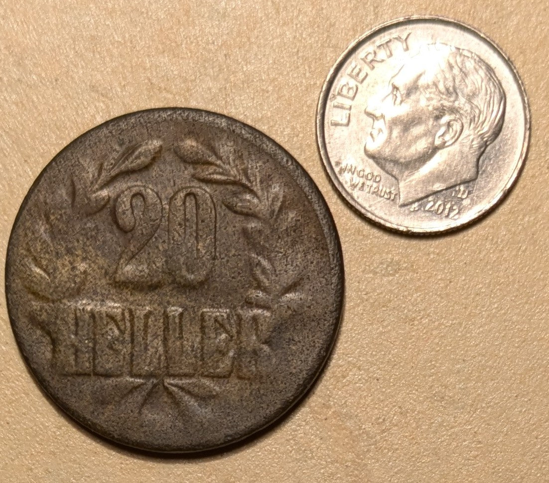 GERMAN EAST AFRICA, German East Africa Company ~ 1916-T ~ Bronze 20 Heller of Tabora ~ Crown with ribbon. Obverse Type A. Large Crown ~ Denomination in wreath. Reverse Type B, pointed tip on both L's. Scarce type ~ Y-10, KM-15 ~ VF
