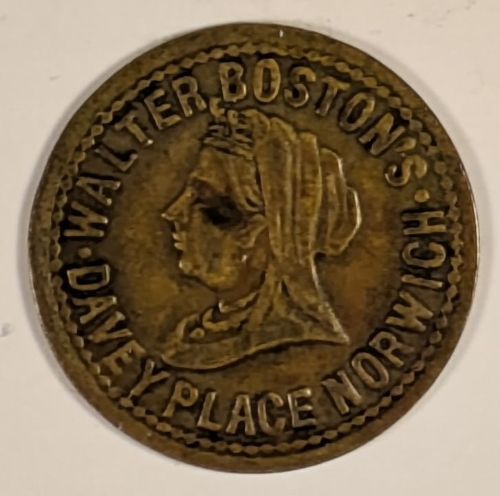 GREAT BRITAIN, Norfolk, Norwich ~ ND (19th c.) ~ AE 21mm Advertising token ~ "Walter Boston Davey Place Norwich" around bust of Queen Victoria left ~ "Walter Boston for Shoes Boots Davey Place Norwich" ~ VF