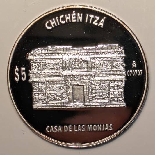 MEXICO, Mexico ~ Chichén Itzá Serie ~ Casa De Las Monjas (The Nunnery) ~ 5 Pesos ~ Non-Circulating ~ Proof ~ Seven Wonders of the World commemorative ~ KM-945