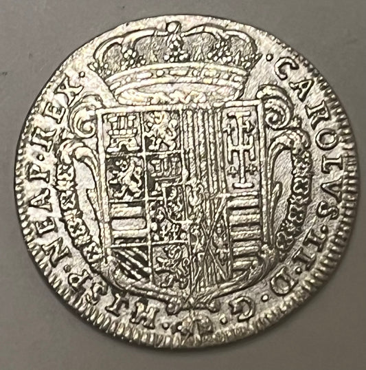 ITALY, Naples, Charles II of Spain ~ 1685 ~ Silver Tari (5.47g) ~ Crowned shield ~ Globe with raised date, crown above crossed fasces and cornucopia ~ KM-104 ~ VF, light adj. marks