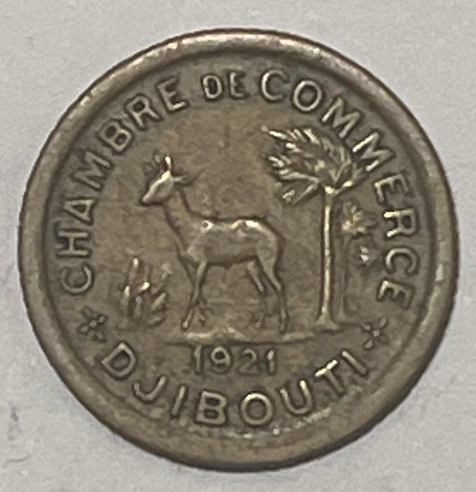 DJIBOUTI, French Colony ~ 1921 ~ 50 Centimes token ~ Type with horned deer standing left, to left of tree ~ Bronze 23mm ~ KM-Tn9, Lec-96 ~ Nice VF