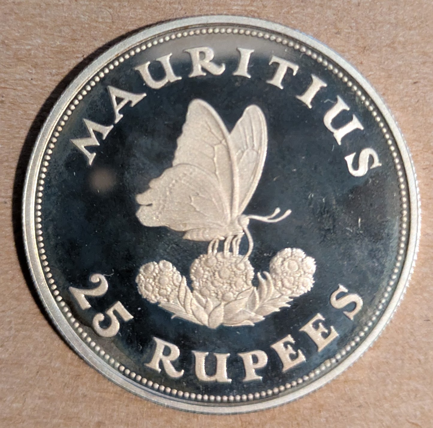 MAURITIUS, Commonwealth, Elizabeth II ~ 1975 ~ 25 Rupees ~ One year type. Conservation Series. Butterfly and flowers ~ uend. Heavy .925 type ~ KM-40a, Y-34a ~ Gem Proof