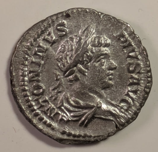 ROME, Caracalla ~ 198-217 AD (205 AD) ~ Silver Denarius (2.88g) ~ Laureate bust right ~ Felicitas standing left, holding short caduceus & cornucopia FELICITAS AVGG ~ SR-6799, RIC-127, RSC-64 ~ Nice EF
