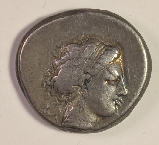 CAMPANIA, Neapolis ~ 325-241 BC ~ Silver Didrachm (7.41) ~ Headd of nymph right. behind in Artemis-Hekate (head off-flan) ~ Man-headed bull right, beingcrowned by Nike, small monogram below ~ SG-308, SNG Cop-419 ~ Fine+, but a bit o.c., curved obv. s