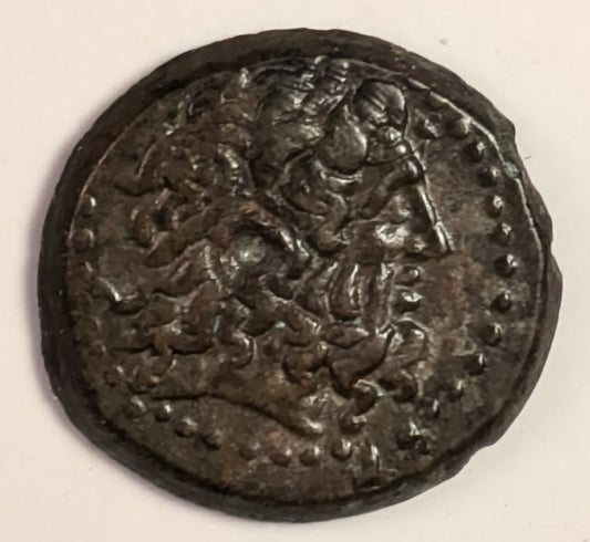 PTOLEMAIC EGYPT, Ptolemy III, Euergetes ~ 246-221 BC ~ Æ16 (1.92g) of Joppa in Judaea ~ Head of Zeus Ammon right,with diadem and floral ornament in dotted border ~ Eagle standing left on thunderbolt, harpa to left ~ SNG Cop-465 (PII), Svo-818 (PII) ~