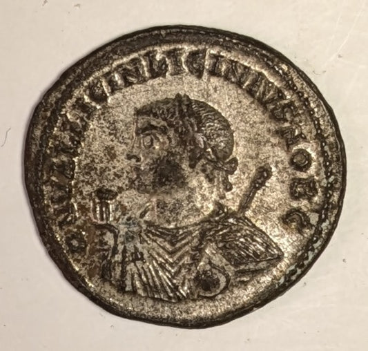 ROMAN EMPIRE, Licinius II  ~ 317-324 ~ Silvered Follios (3.14g) ~ Laur. bust left. Struck at Alexandria mintj ~ Jupiter standing left, hldg glove & sceptere, crescent to left, B to r, SMAL in ex ~ SR-15417, RIC-7, 25 ~ Ch. toned EF+